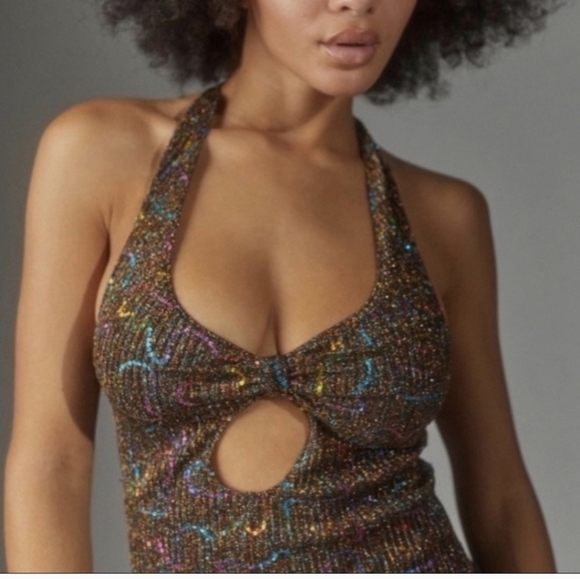 Urban Outfitters Gemma Sparkley Halter Neck Tie Body Con Cut Out Mini Dress - Picture 3 of 10